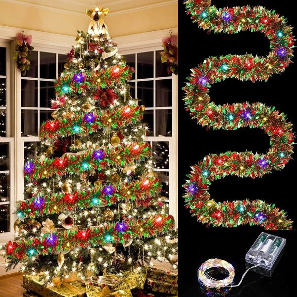 5M Christmas Tinsel Garland Metallic Shinny Garland with LED Lights Christmas Tree Garland Thick Hanging Decorations for  Party