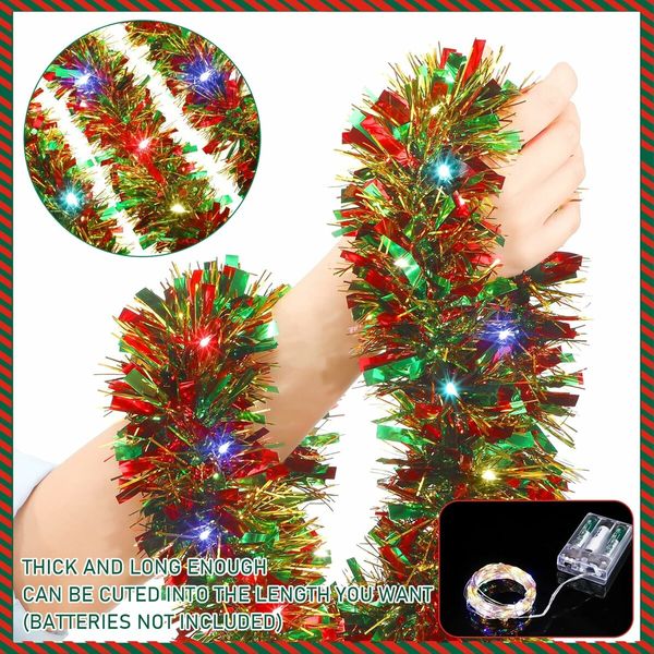 5M Christmas Tinsel Garland Metallic Shinny Garland with LED Lights Christmas Tree Garland Thick Hanging Decorations for  Party