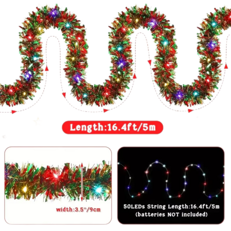 5M Christmas Tinsel Garland Metallic Shinny Garland with LED Lights Christmas Tree Garland Thick Hanging Decorations for  Party