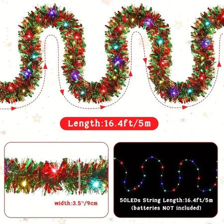 5M Christmas Tinsel Garland Metallic Shinny Garland with LED Lights Christmas Tree Garland Thick Hanging Decorations for  Party