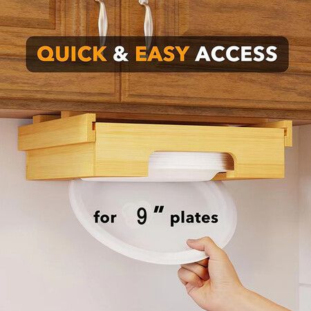 9 inch Paper Plate Dispenser, Under Cabinet Bamboo Plates Holder for 9 inches Plates, Bamboo