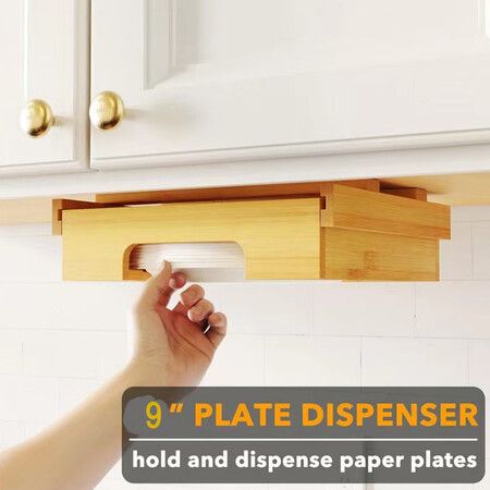 9 inch Paper Plate Dispenser, Under Cabinet Bamboo Plates Holder for 9 inches Plates, Bamboo