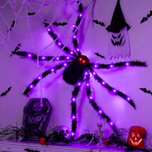 150cm Giant Halloween Spider Decoration 38LED Light Up Black Hairy Spider with Red Lighted Eyes Battery Operated Realistic Scary Fake Spider