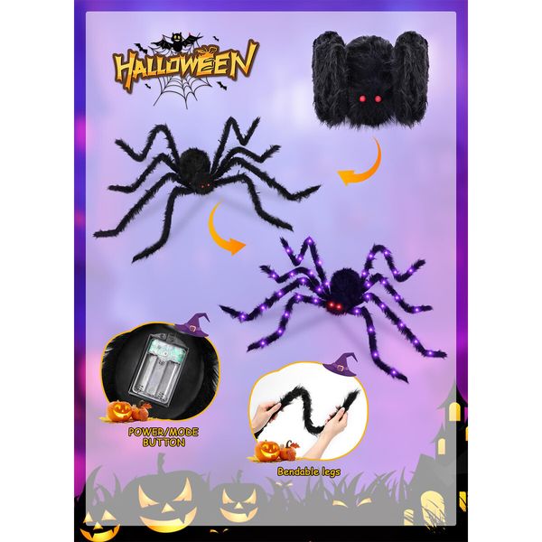 150cm Giant Halloween Spider Decoration 38LED Light Up Black Hairy Spider with Red Lighted Eyes Battery Operated Realistic Scary Fake Spider