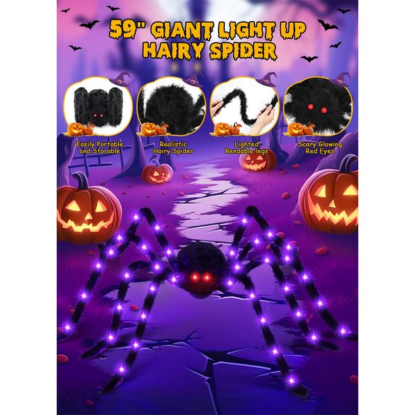 150cm Giant Halloween Spider Decoration 38LED Light Up Black Hairy Spider with Red Lighted Eyes Battery Operated Realistic Scary Fake Spider