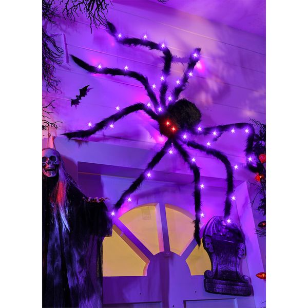 150cm Giant Halloween Spider Decoration 38LED Light Up Black Hairy Spider with Red Lighted Eyes Battery Operated Realistic Scary Fake Spider