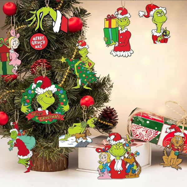 36pcs Christmas Tree Grinch Baby Wooden Pendant  Funny Green Accessories Christmas Pendants Hanging