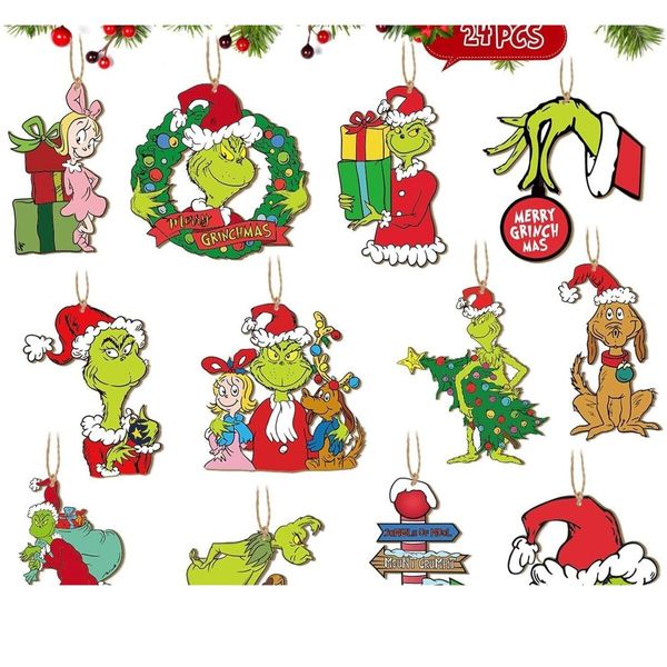 36pcs Christmas Tree Grinch Baby Wooden Pendant  Funny Green Accessories Christmas Pendants Hanging