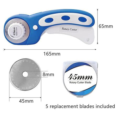 45mm Rotary Cutter with 5pcs Extra Blades, Ergonomic Handle Rolling Cutter with Safety Lock for Fabric, Blue