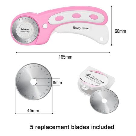 45mm Rotary Cutter with 5pcs Extra Blades, Ergonomic Handle Rolling Cutter with Safety Lock for Fabric, Pink