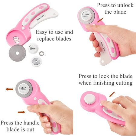 45mm Rotary Cutter with 5pcs Extra Blades, Ergonomic Handle Rolling Cutter with Safety Lock for Fabric, Pink