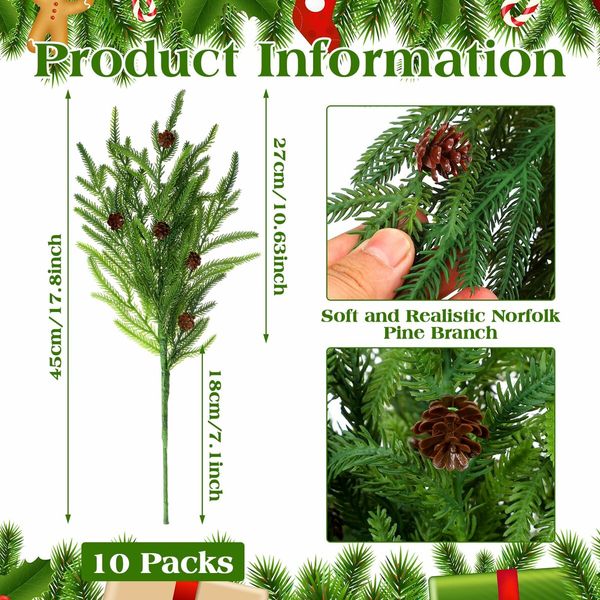 Xmas Norfolk Pine Branches with Pine Cones Norfolk Pine Artificial Xmas Branches for Xmas Indoor Outdoor Home Decor (16 Pcs)