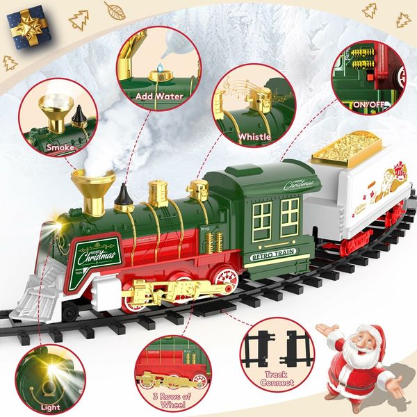 Christmas Train Set,Hanging Train Toys with Smoke Light Sound,Train Set Around Under The Christmas Tree with Steam,Carriages Tracks for Age3+ Years Old Kids Decoration Gift