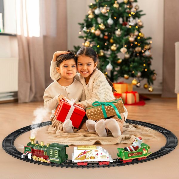 Christmas Train Set,Hanging Train Toys with Smoke Light Sound,Train Set Around Under The Christmas Tree with Steam,Carriages Tracks for Age3+ Years Old Kids Decoration Gift