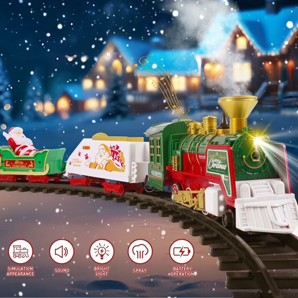 Christmas Train Set,Hanging Train Toys with Smoke Light Sound,Train Set Around Under The Christmas Tree with Steam,Carriages Tracks for Age3+ Years Old Kids Decoration Gift