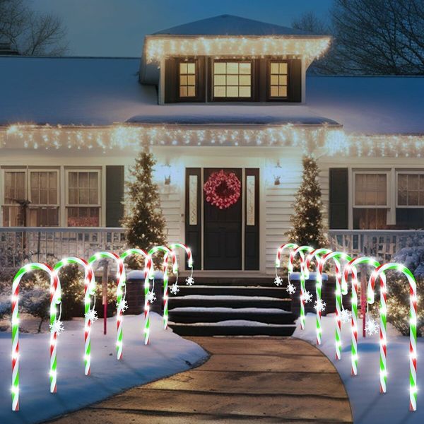 Candy Cane Lights,12 Pack Green Red White Solar Pathway Lights for Christmas Outsides Walkway Porch Lawn Garden Yard Decoration