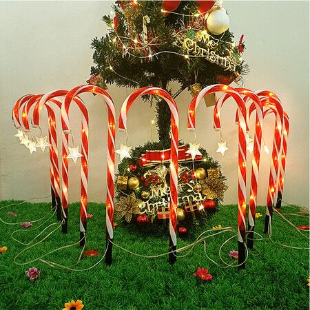 8 LED Solar Christmas Candy Cane Lights Outdoor Pathway Markers with Star for Walkway Driveway Lawn Yar  and Garden