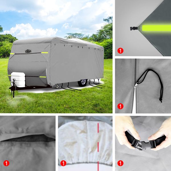 14 to 16ft Caravan Cover Travel Campervan Trailer Accessories 4 Layer Water UV Proof Heavy Duty Polypropylene Protector with Storage Bag Hitch Cover