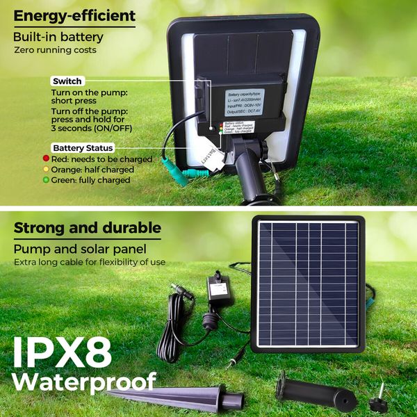 Solar Powered Water Feature Indoor Waterfall Fountain Pump Panel Led Light Kit Outdoor Landscape Garden Decoration Bird Bath Fish Pond Pool Cascading