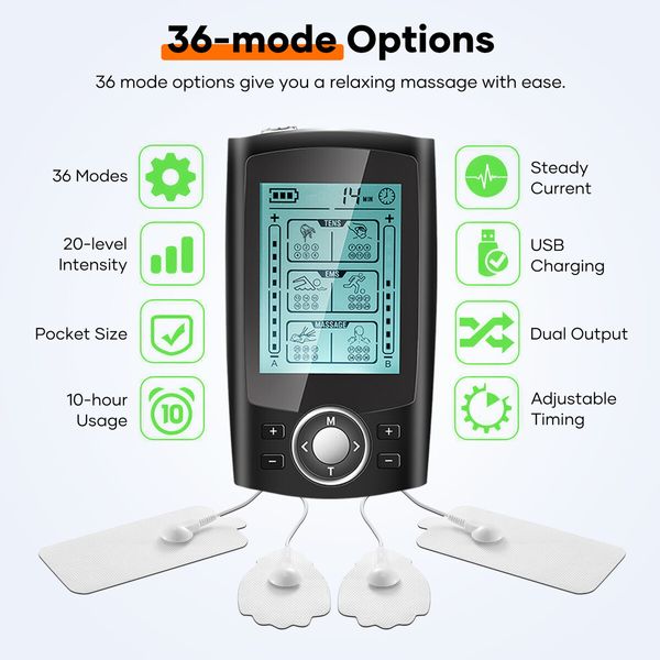 TENS EMS Machine Electric Muscle Stimulator Massager Portable Neck Nerve Back Knee Massage Device Rechargeable Professional Unit 36 Modes