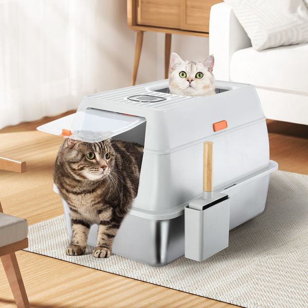 2in1 XL Cat Litter Box Kitty Enclosed Stainless Steel Potty Pan Semi Covered Toilet Modular Tray High Sided Furniture with ABS Lid Carbon Filters