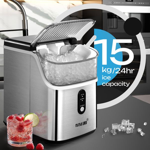 Maxkon Nugget Ice Maker Countertop Portable Compact Pebble Pellet Machine Crusher 15kg for Home Kitchen Office with Handle Silver