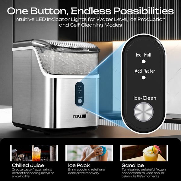 Maxkon Nugget Ice Maker Countertop Portable Compact Pebble Pellet Machine Crusher 15kg for Home Kitchen Office with Handle Silver