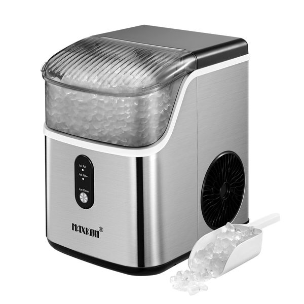 Maxkon Nugget Ice Maker Countertop Portable Compact Pebble Pellet Machine Crusher 15kg for Home Kitchen Office with Handle Silver