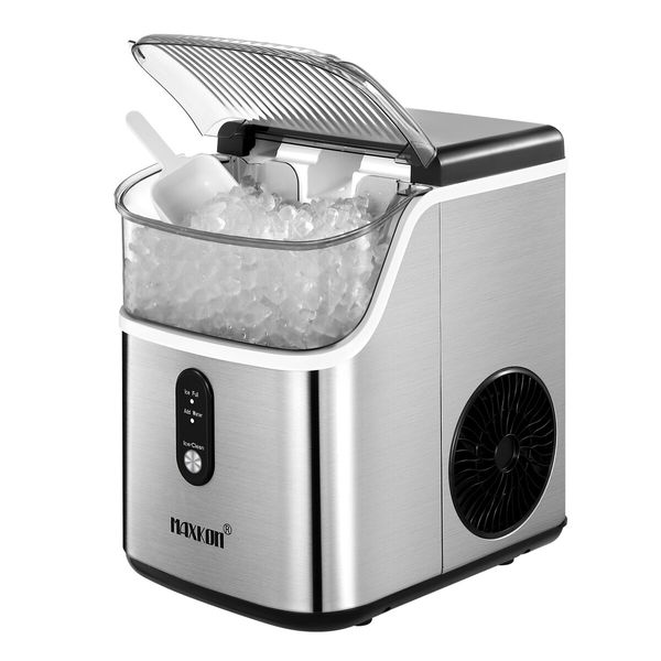 Maxkon Nugget Ice Maker Countertop Portable Compact Pebble Pellet Machine Crusher 15kg for Home Kitchen Office with Handle Silver