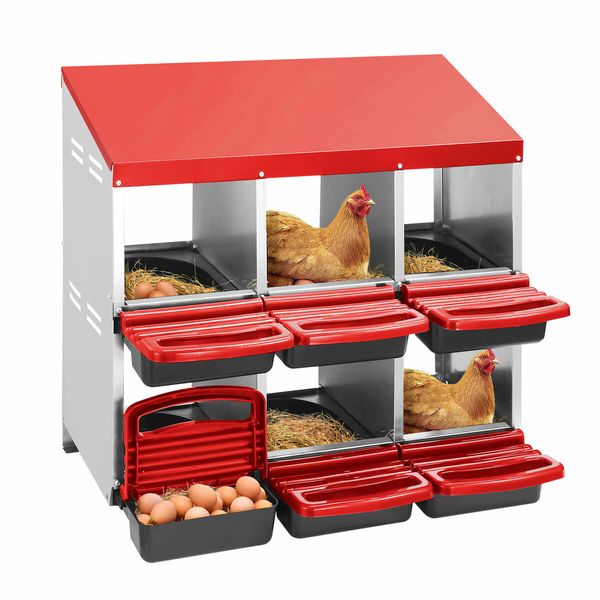 2 Layer 6 Hole Chicken Nesting Box Roll Away Hen Chook Laying Boxes House Poultry Nest Egg Brooder Coop Roost Perch Galvanised Metal Plastic Vents Lid