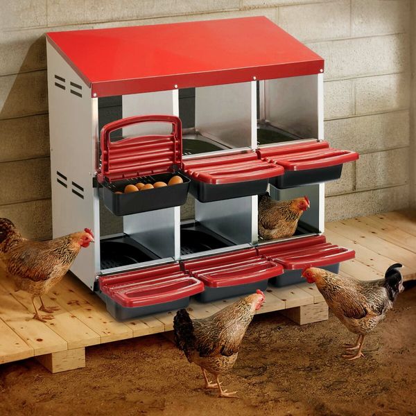 2 Layer 6 Hole Chicken Nesting Box Roll Away Hen Chook Laying Boxes House Poultry Nest Egg Brooder Coop Roost Perch Galvanised Metal Plastic Vents Lid