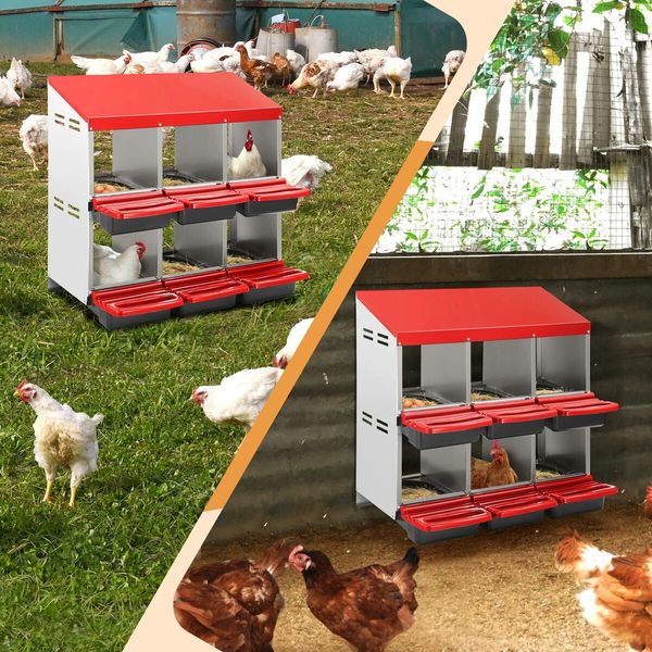 2 Layer 6 Hole Chicken Nesting Box Roll Away Hen Chook Laying Boxes House Poultry Nest Egg Brooder Coop Roost Perch Galvanised Metal Plastic Vents Lid