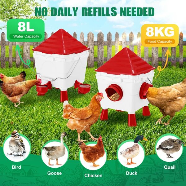 Chicken Bird Feeder Waterer Set Auto Food Water Dispenser Automatic Feeding Poultry Chook Coop Fence Drinker Cup Gravity Fed Drinking 8KG 8L