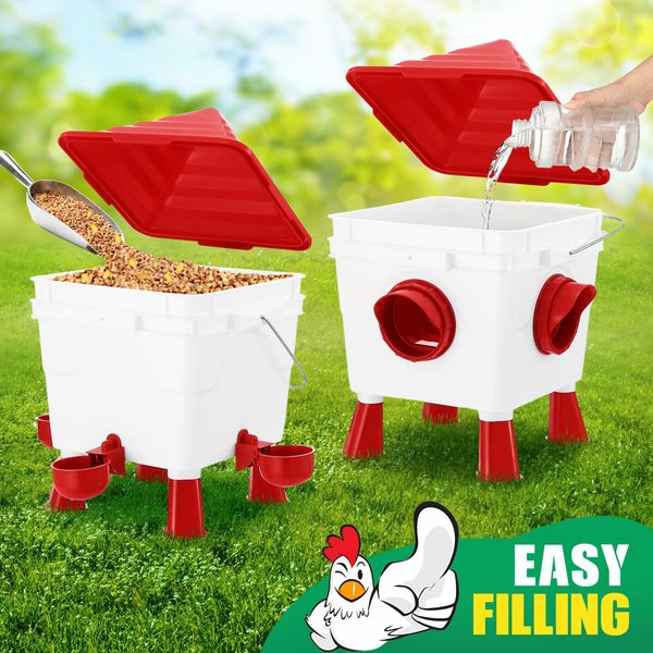 Chicken Bird Feeder Waterer Set Auto Food Water Dispenser Automatic Feeding Poultry Chook Coop Fence Drinker Cup Gravity Fed Drinking 8KG 8L