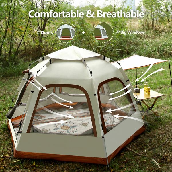 5 Man Camping Tent Instant Auto Pop Up Beach Shelter Sun Shade Picnic Hiking Dome Family Party Outdoor Water UV Proof 270x270x155cm Creamy White