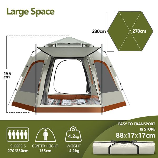 5 Man Camping Tent Instant Auto Pop Up Beach Shelter Sun Shade Picnic Hiking Dome Family Party Outdoor Water UV Proof 270x270x155cm Creamy White