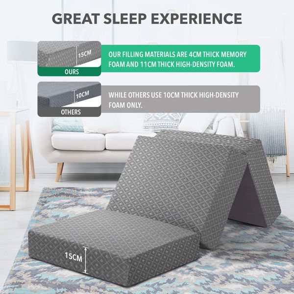 Folding Mattress Queen Size Memory Foam Floor Cushion Portable Trifold Sofa Bed Couch Sleeping Camping Travel Mat Extra Thick 15cm Removable Cover