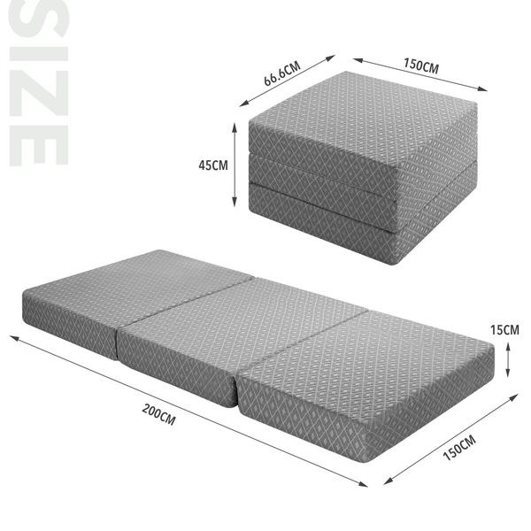 Folding Mattress Queen Size Memory Foam Floor Cushion Portable Trifold Sofa Bed Couch Sleeping Camping Travel Mat Extra Thick 15cm Removable Cover