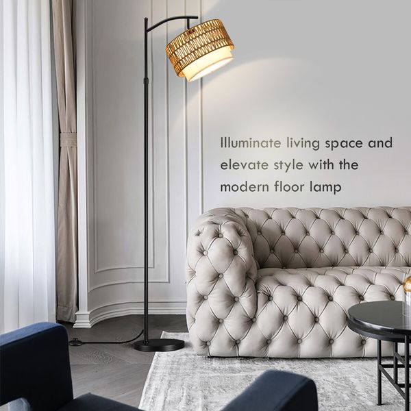 Modern LED Floor Lamp Black Tall Free Standing Adjustable Book Reading Corner Light for Bed Living Room with Rattan Fabric Lampshade