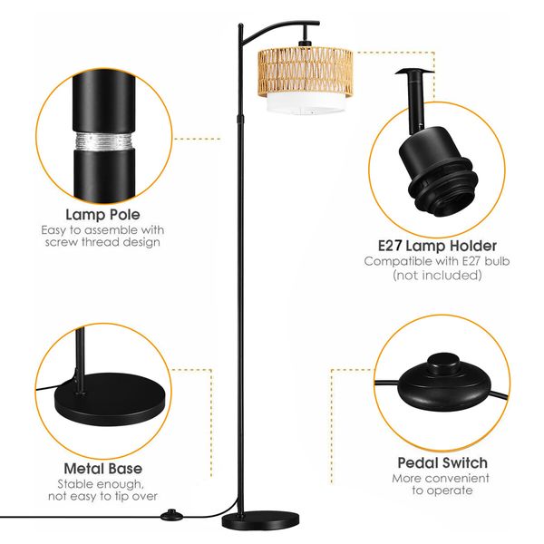 Modern LED Floor Lamp Black Tall Free Standing Adjustable Book Reading Corner Light for Bed Living Room with Rattan Fabric Lampshade