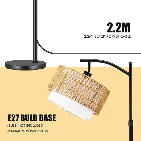 Modern LED Floor Lamp Black Tall Free Standing Adjustable Book Reading Corner Light for Bed Living Room with Rattan Fabric Lampshade