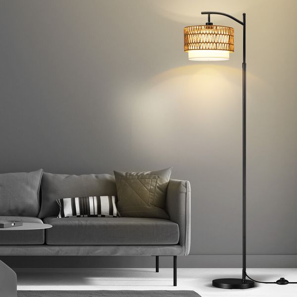 Modern LED Floor Lamp Black Tall Free Standing Adjustable Book Reading Corner Light for Bed Living Room with Rattan Fabric Lampshade