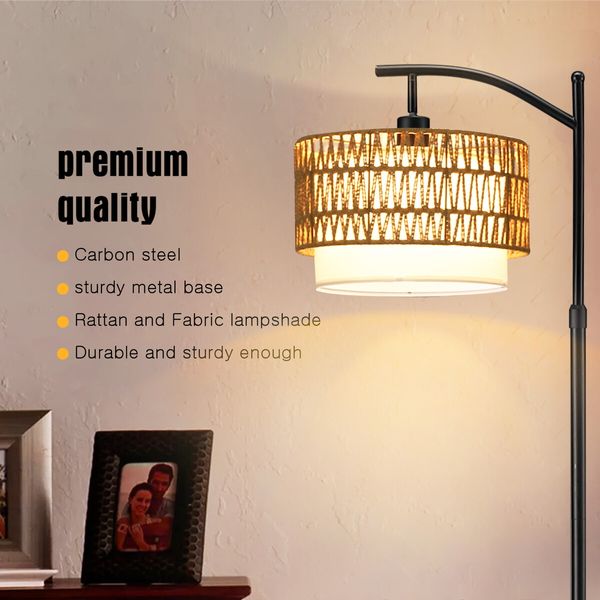 Modern LED Floor Lamp Black Tall Free Standing Adjustable Book Reading Corner Light for Bed Living Room with Rattan Fabric Lampshade