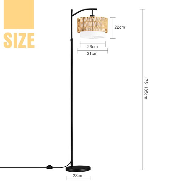 Modern LED Floor Lamp Black Tall Free Standing Adjustable Book Reading Corner Light for Bed Living Room with Rattan Fabric Lampshade