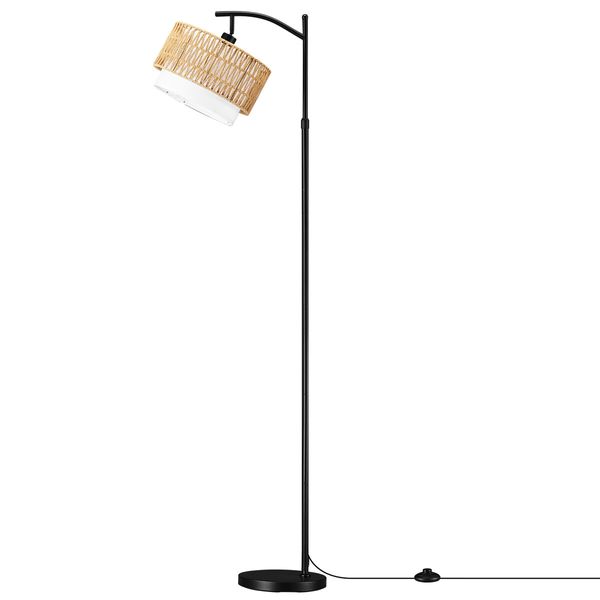 Modern LED Floor Lamp Black Tall Free Standing Adjustable Book Reading Corner Light for Bed Living Room with Rattan Fabric Lampshade