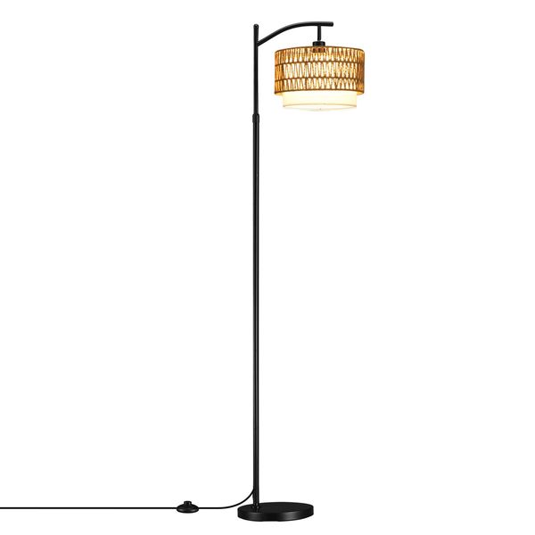 Modern LED Floor Lamp Black Tall Free Standing Adjustable Book Reading Corner Light for Bed Living Room with Rattan Fabric Lampshade