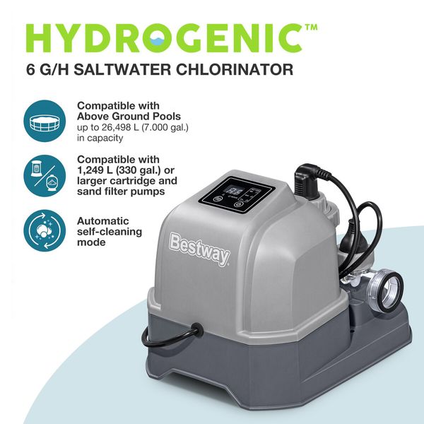 Bestway Hydrogenic Saltwater Chlorinator 6g/h Self Cleaning Salt Water Chlorine Generator Generating System for Above Ground Swimming Pools