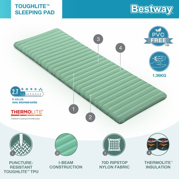 Bestway AdventuRest Air Mattress Single Blowup Insulated TPU Camping Sleeping Mat Pad Large Rectangular Inflatable Floor Bed with Pump Sack