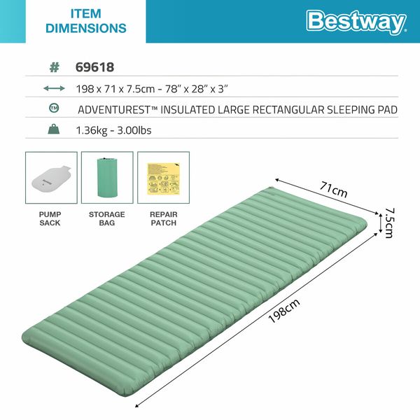 Bestway AdventuRest Air Mattress Single Blowup Insulated TPU Camping Sleeping Mat Pad Large Rectangular Inflatable Floor Bed with Pump Sack