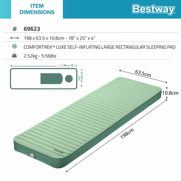 Bestway ComfortTrek Luxe Air Mattress Self Inflating Single Insulated TPU Blowup Camping Sleeping Mat Pad Large Rectangular Floor Bed